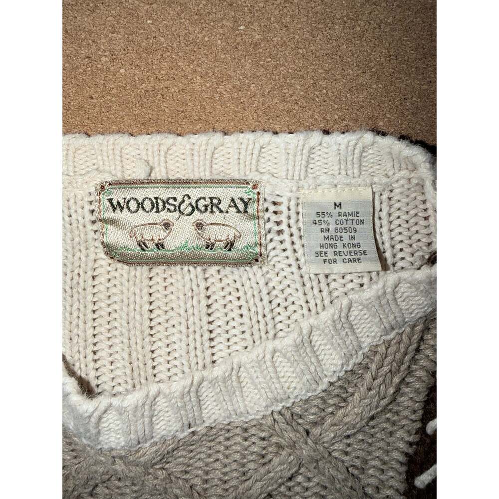 Vintage woods & gray cable knit patchwork cotton ramie sweater medium neutrals - Picture 3 of 5